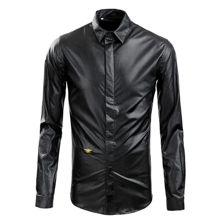 

Plus Size Men's Brand Fashion casual Leather PU Shirt small bee Embroidery male slim Tops Long-sleeve shirts stage costumes