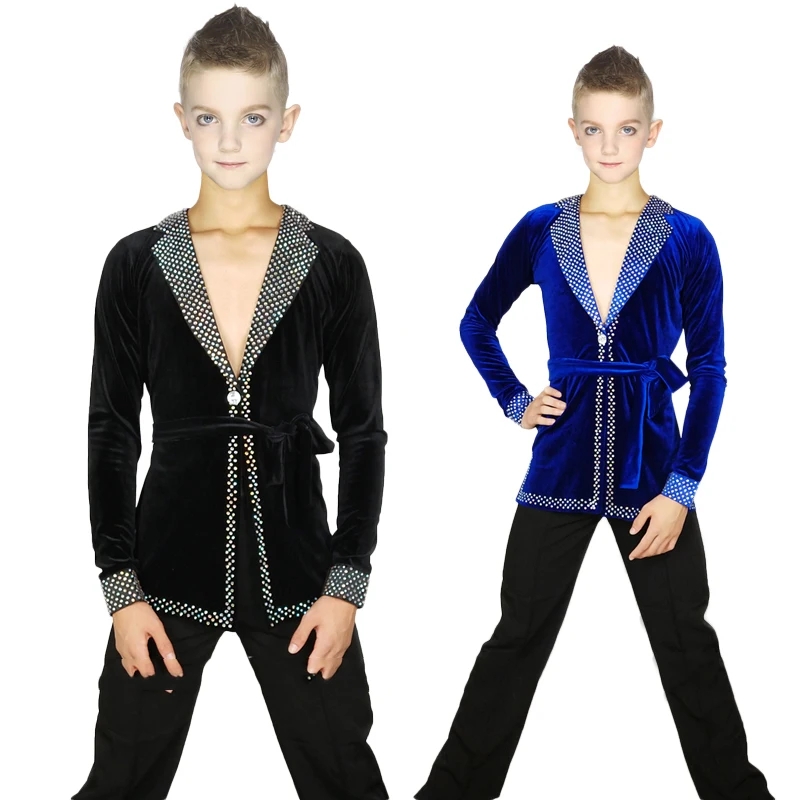 

Latin Dance Top Velvet Nylon Long Sleeve Rhinestone Boys Latin Dancing Shirts Salsa Competition Performance Wear Clothes