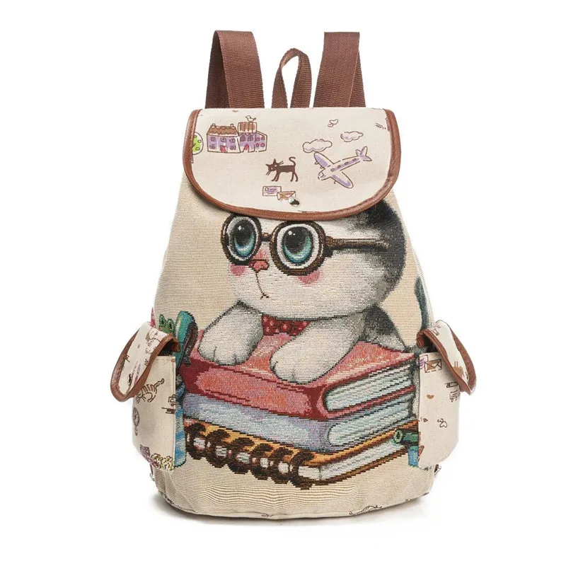 

Casual Canvas Girl School Backpack Large Capacity Ladies School Bag Women Lovely Cat Printed Drawstring Backpack Teenager