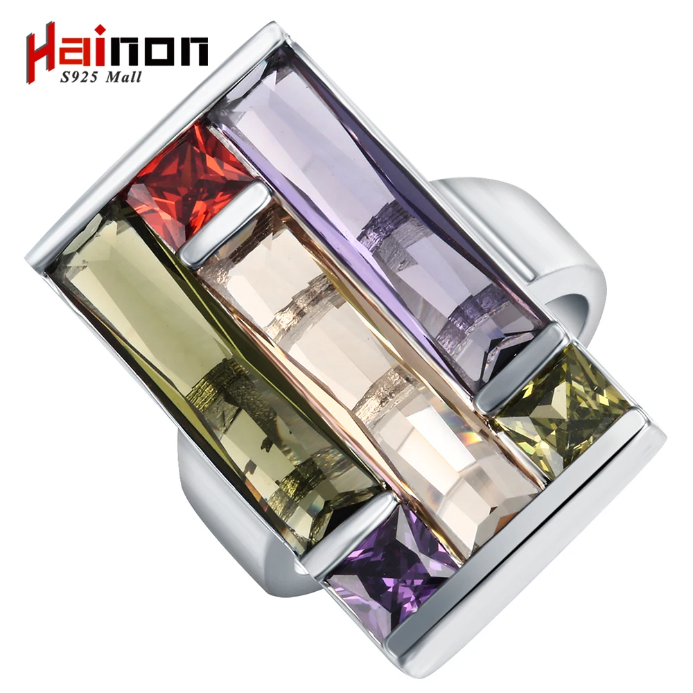 silver plated square ring for women fashion jewelry luxury design with green purple red yellow cz rings | Украшения и аксессуары