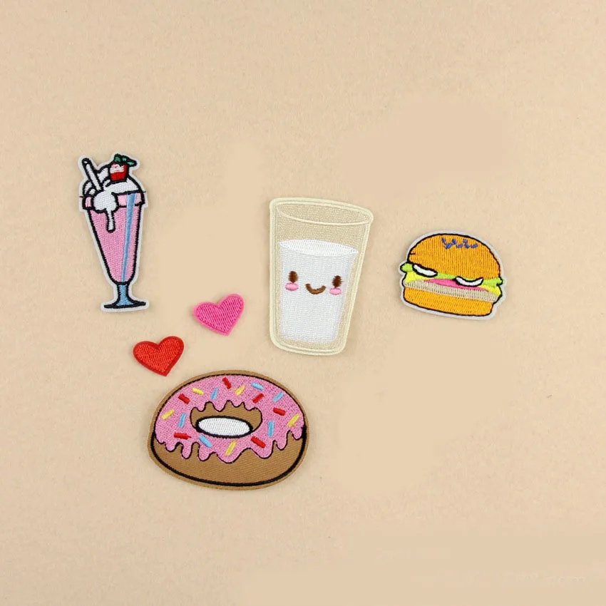 

1Pcs Fabric Donut Milk ice cream hamburger Heat Transfer Embroidery Clothes Patches Iron On Patch,Appliques For Backpack
