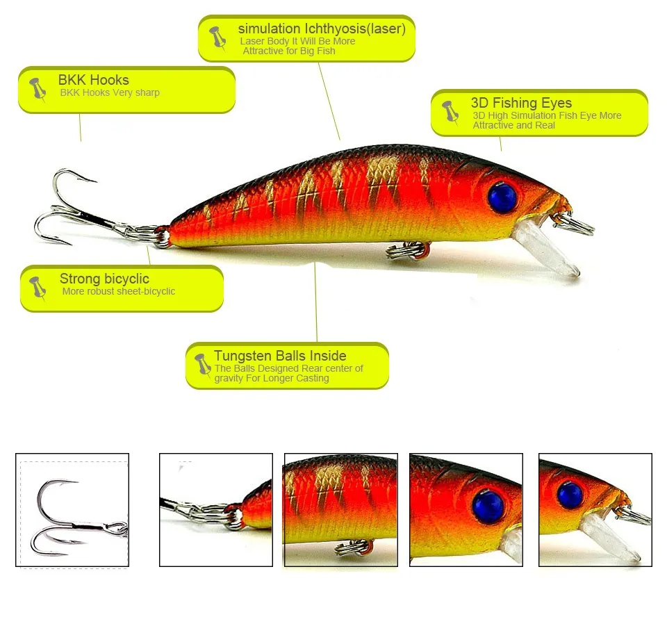 8 шт./лот Наивысшее качество гольян приманки 8 цветов 7 см 8,1 г 3D глаза жесткий Pastic бионический искусственные приманки крюк 6 # блесен