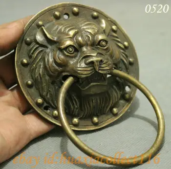 

Folk Chinese BRASS Copper Collect Lion Head Mask Statue Gate Door Knocker pair wholesale 2PCS copper Decoration real Brass