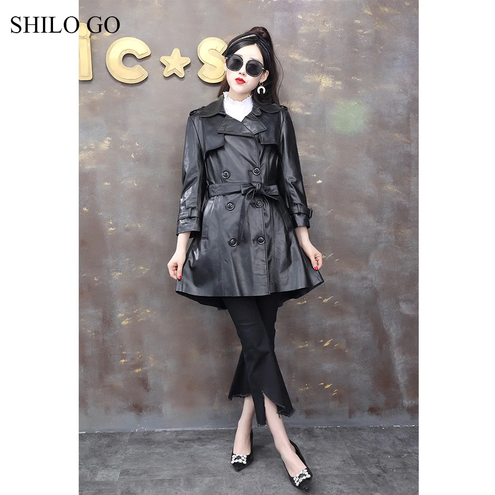 Trench Mouton À De Manteau Printemps Boutonnage Causal Revers Double Long Véritable Cuir Noir Peau Col Shilo Mode Aller Femmes En Lâche q6Xtz