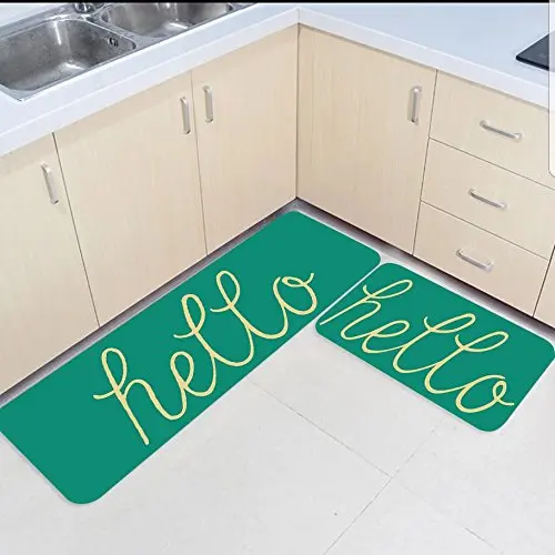 

2 Piece Kitchen Mats and Rugs Set Funny Hello Word Green Home Deocr Non Skid Area Runner Doormats Carpet