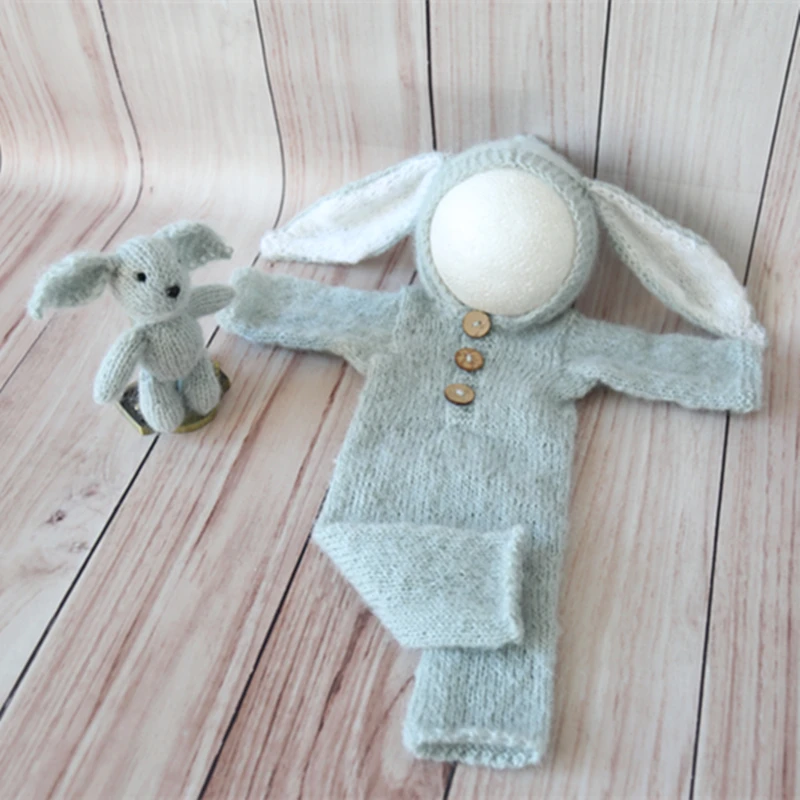 Rabbit Bonnet And Hooded Romper Set Newborn Bunny Hat Outfit Easter Baby Outfit Newborn  photo props newborn baby souvenirs	