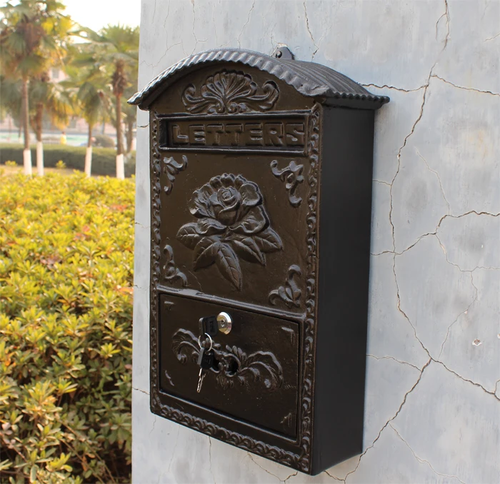 Cast Aluminum Flower Mailbox Embossed Trim Black Decorative Mailbox