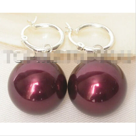 

Free shipping >>>>>>Dangle 20mm aubergine round sea shell pearls earring 925sc hook E58