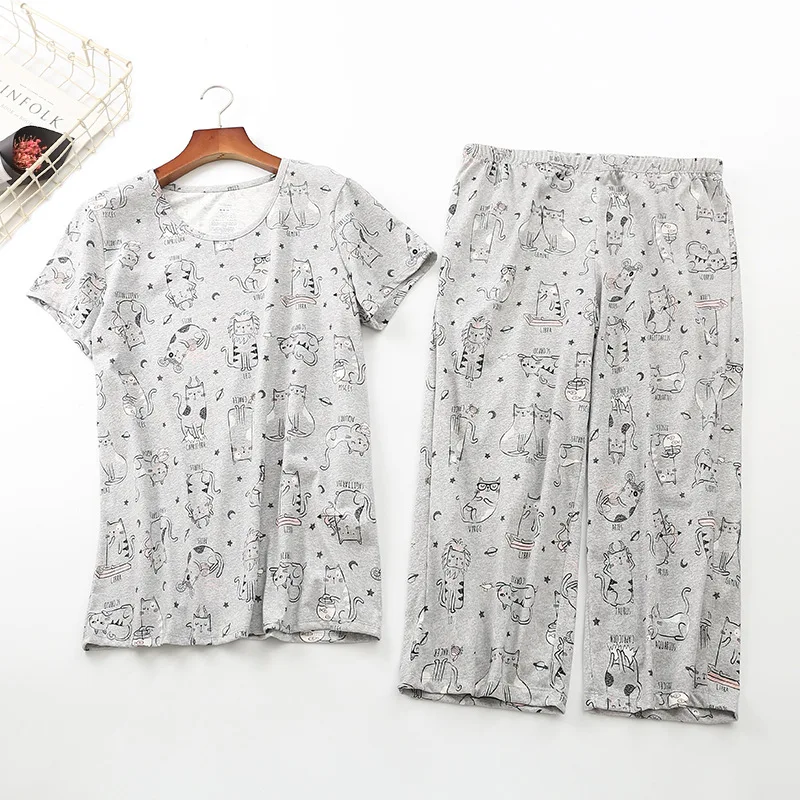 

Cotton Print Catfish Pajama Set New 2019 Summer Women Pajamas Top + Capris Elastic Waist Plus Size 3XL Lounge pijamas S92004