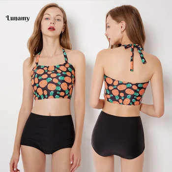 

Lunamy S-2XL Sexy Brazilian Bikinis Set Women Print High Neck Swimwear 2019 High Waist Biquini Bathing Suit Swimming Beachwear