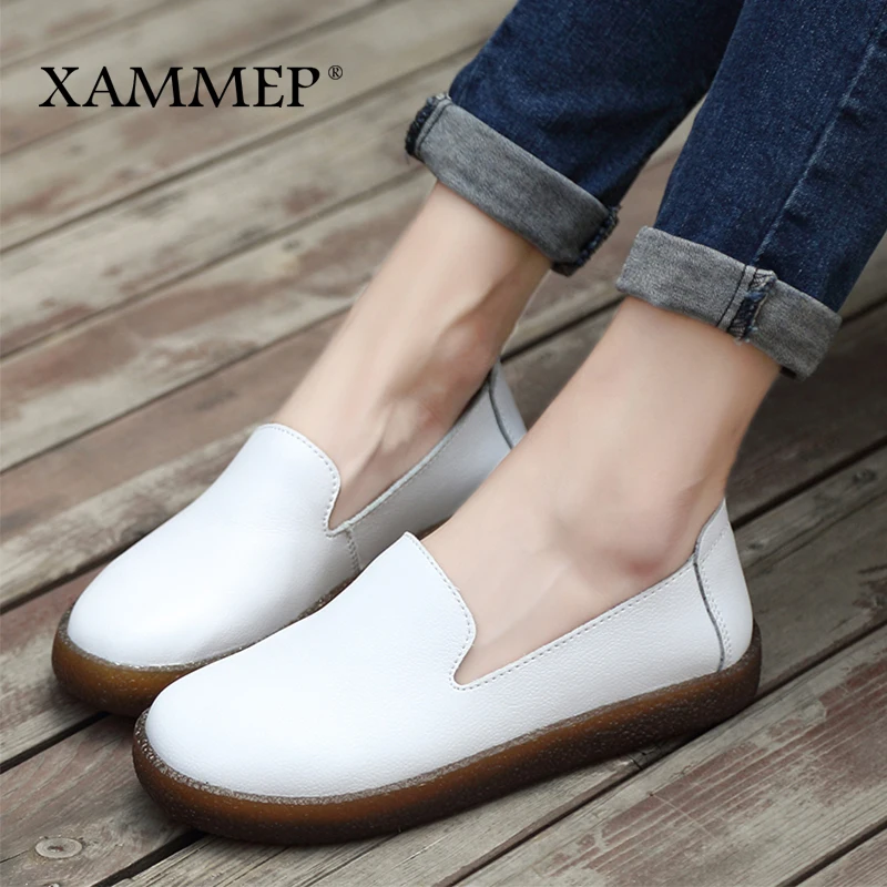 Xammep Women Flats Spring Autumn Brand Women Shoes Women Sneakers Split Leather Basic Female Casual Shoes Slip-on Round Toe