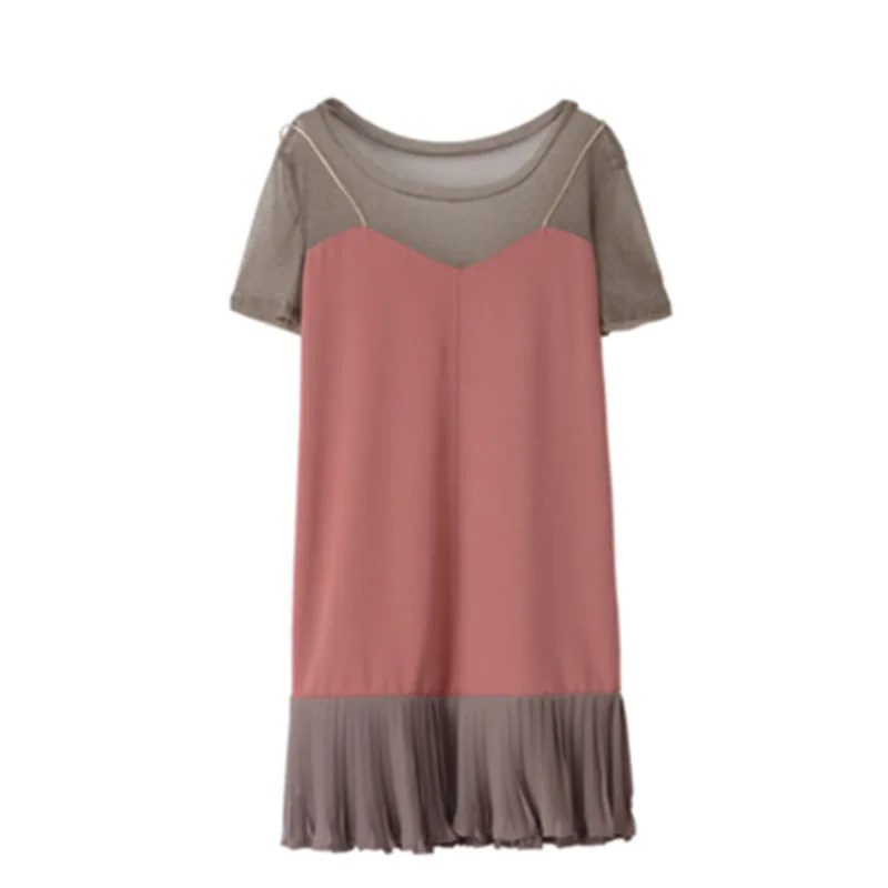 

Summer Plus Size T-shirts Womens Chiffon Dress Medium-Long L-4XL Slim Fat MM Dress Elegant Mesh Legging Dress Short Sleeve A212
