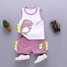 2019 Children Boys Clothes Set Cute Dinosaur Print Vest Shorts 2 Piece Casual Cotton Vest Summer New Kdis Fashion Apparel Set boys tiger print vest with ornate print drawstring shorts