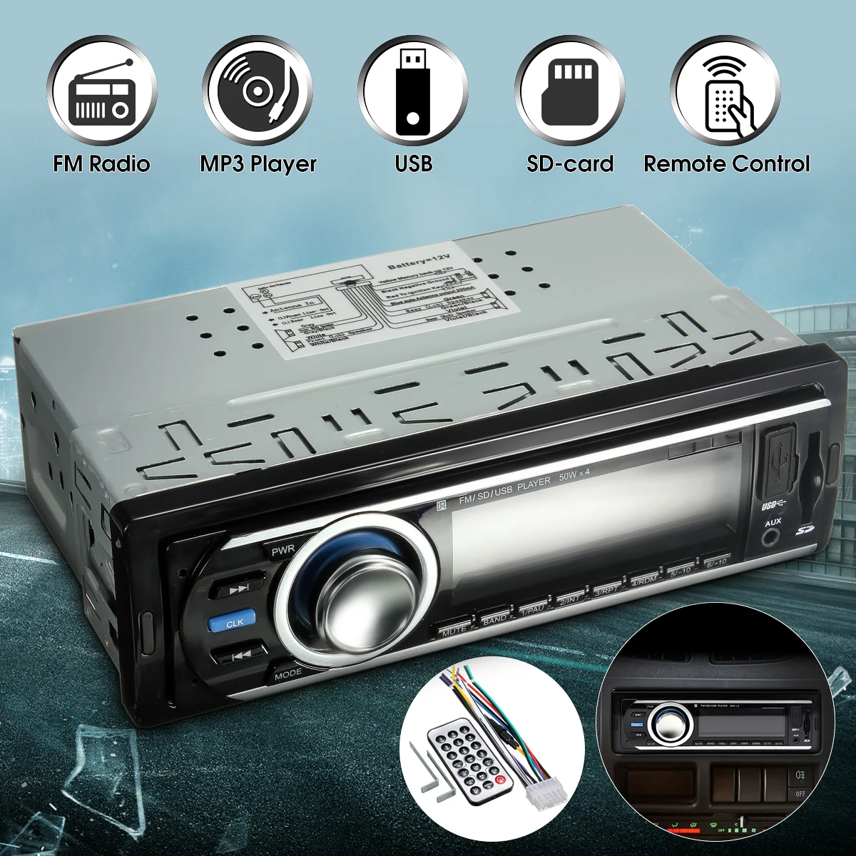 

Car Radio 1 Din Stereo Audio MP3 Player 12V In-dash Single FM Receiver Aux Receiver USB SD Remote Control