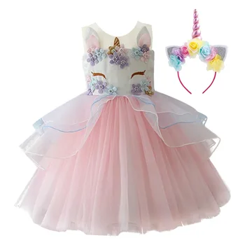 

2pcs Flower Unicorn Kid Girls Clothes Set Cute Baby Children Girls Dress Headband Cosplay Girls Birthday Party Cake Smash Outfit
