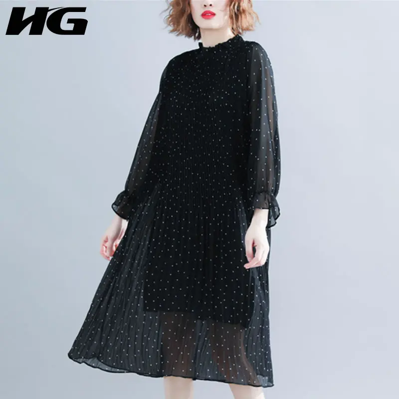 [HG] 2019 Spring Summer New Korea Fashion Stand Collar Full Sleeve Loose Dress Female Dot Temperament Casual WBB2707 | Женская одежда