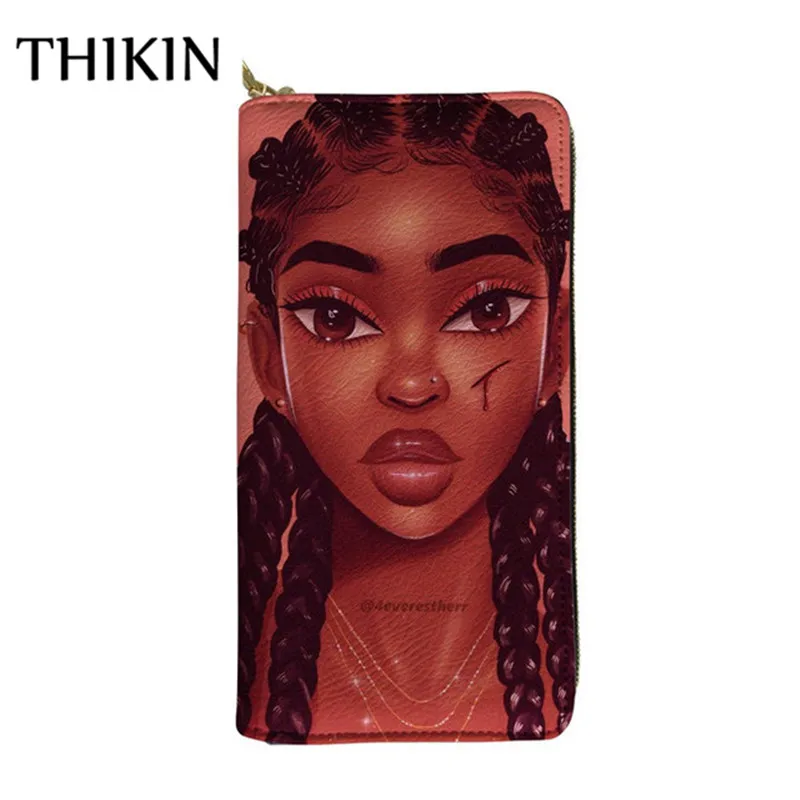 Thikin Women Wallets Afro Printing African Girls PU Leather Long Purse Lady Kawaii Pattern Card Holders Coin Pocket Zipper