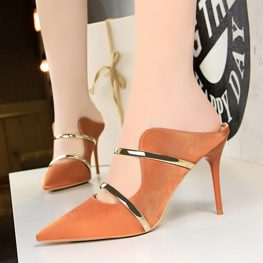 BIGTREE/летние женские туфли на высоком каблуке с острым носком; женские туфли-лодочки; женские модные тонкие туфли с металлическим украшением