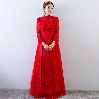 

High Quality Suzhou Embroidery Marriage Suit Chinese Female Vintage Qipao Bride Formal Wedding Dress Tassels Red Cheongsam