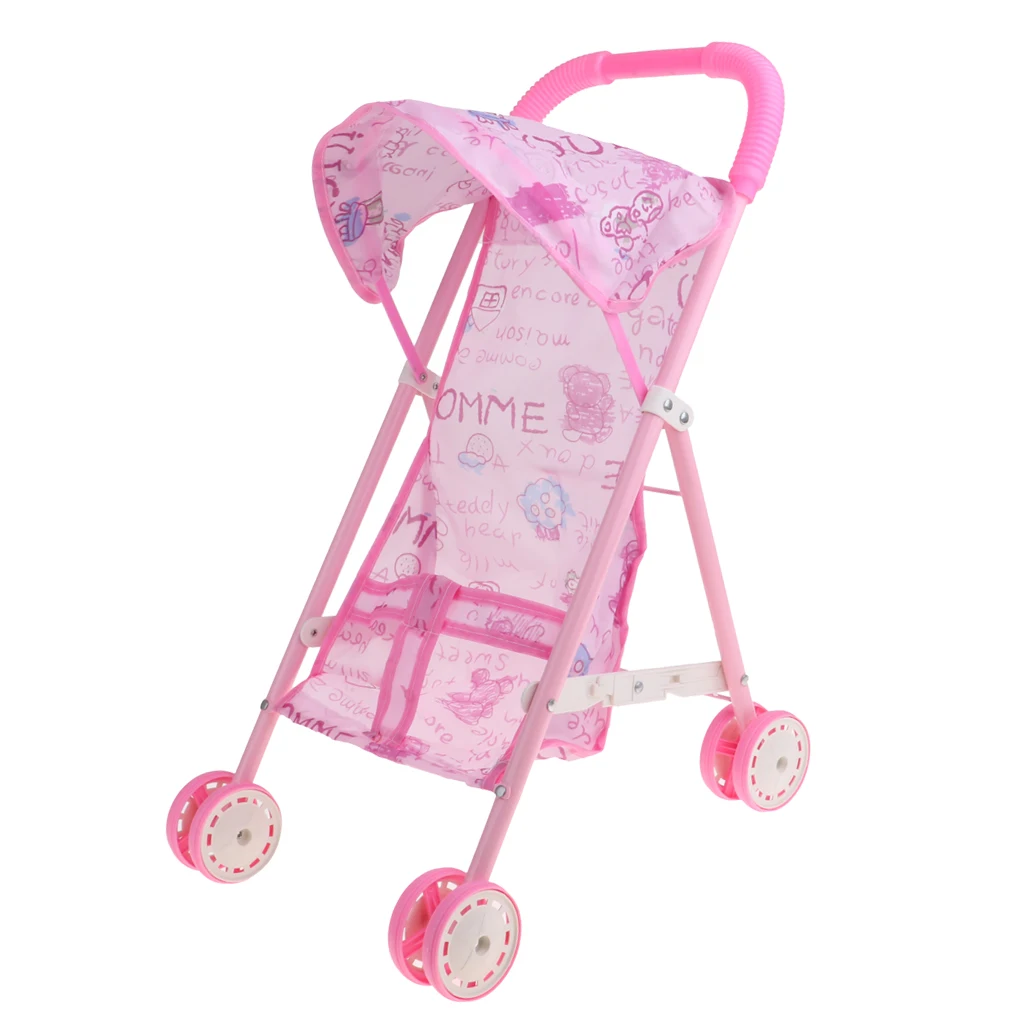 Dollhouse Nursery Furniture Toys Mini Baby Doll Pram/Stroller with Sun Visor Hood Pushchair Playsets Kids Pretend Play Toys