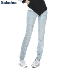Sokotoo женские универсальные светло-голубые Удлиненные джинсы для больших и высоких, комбинированные винтажные штаны, низкая цена, высокое качество