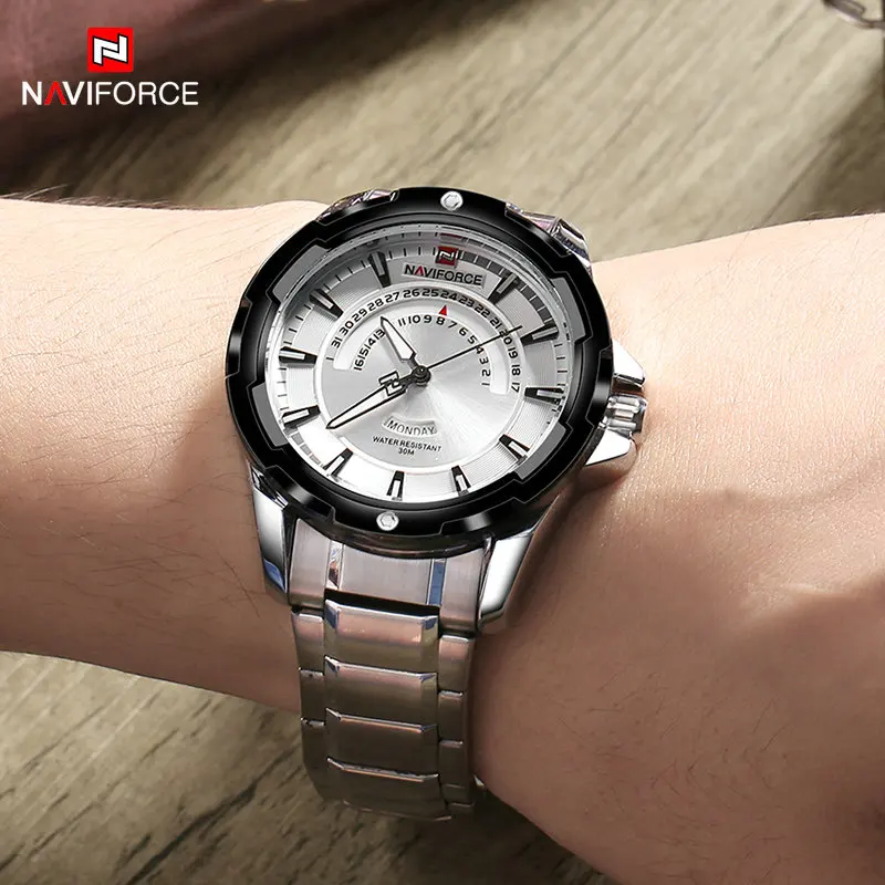 Новинка NAVIFORCE Топ бренд мужские часы модные стальные водонепроницаемые