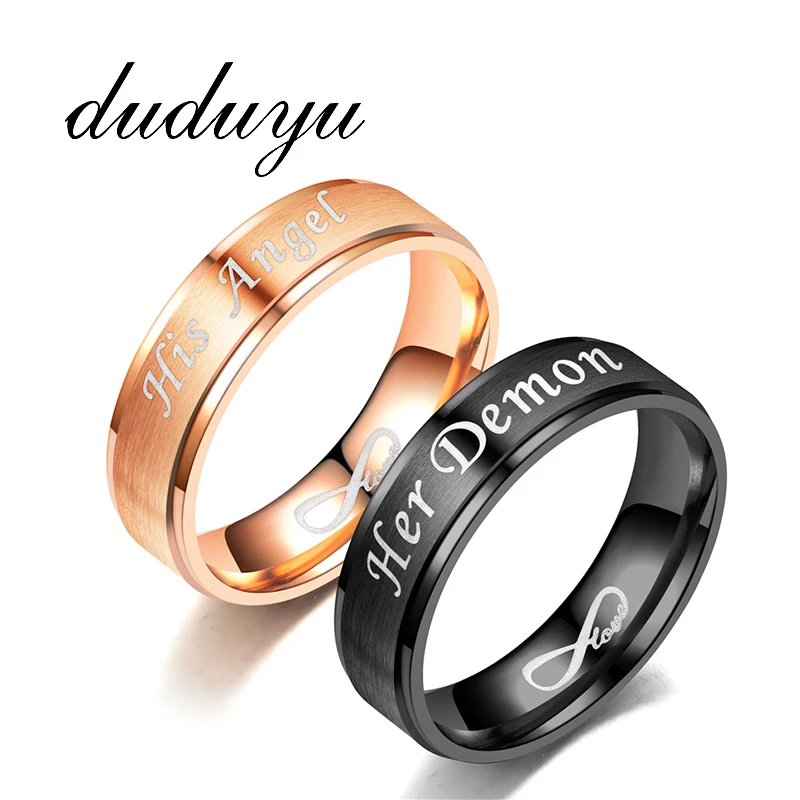 

High Quality Her Demon His Angel Rings Black For Women Men Titanium Stainless Steel Eternal LOVE Couple Jewelry Smart Rings