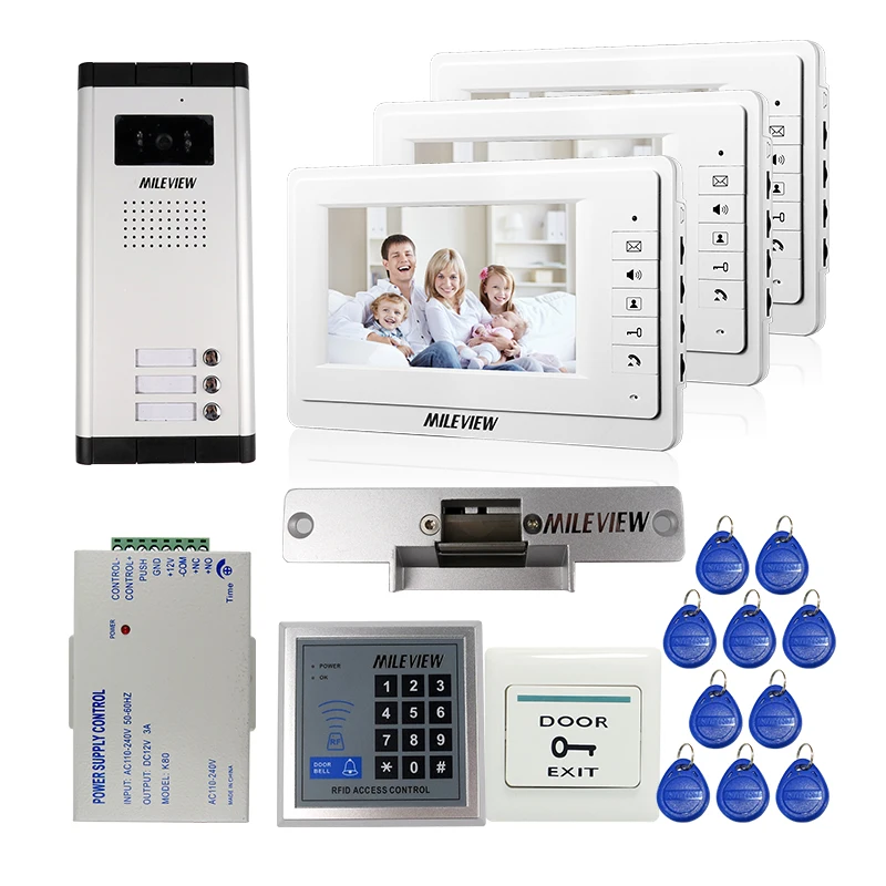 bilder für Mileview 7 "Video Intercom Türklingel Wohnungstür Telefon + 3 Überwacht IR Kamera für 3 Familie + RFID Access System FREIES VERSCHIFFEN bilder für Mileview 7 "Video Intercom Türklingel Wohnungstür Telefon + 3 Überwacht IR Kamera für 3 Familie + RFID Access System FREIES VERSCHIFFEN