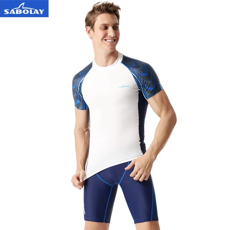 Men Elastic Lycra Quick Dry Swimsuit Surf Sunscreen UV Protection Rash Guard Diving Tight Beach Shirt and Short Separate