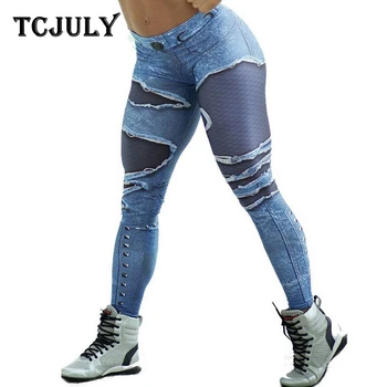 

TCJULY Stylish Jeans Patterns Print Stretch Leggings High Waist Push Up Workout Pants Breathable Quick Dry Fitness Leggins Women