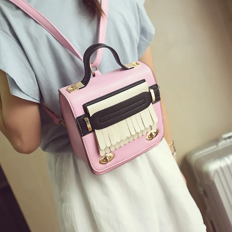New Design Women Vintage Small PU Leather Travel Mini Backpack Panelled Tassels Student Backpack Fashion and
