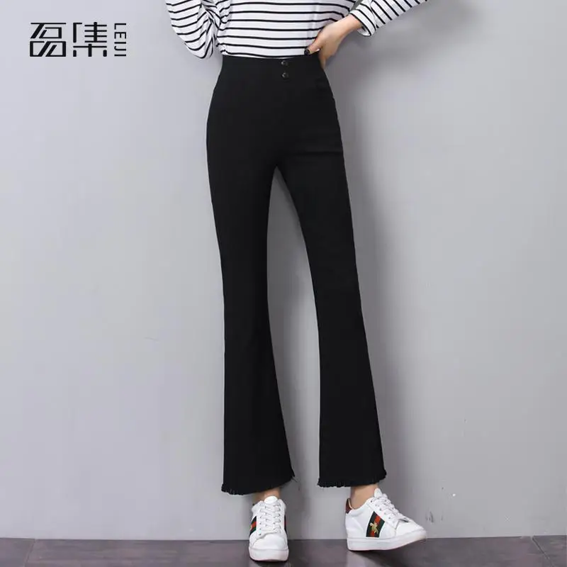 

Flare Pants Women High Waist Plus Size Black Autumn Elastic Pants Button Fly Full Length Trousers 4XL 5XL 6XL