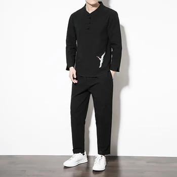 

Chinese Style Mens Sets ,Black ,Khaki,navy Blue, Fashion Loose Elegant Men Cotton Tee Shirts and Trousers 5XL Man Leisure Set