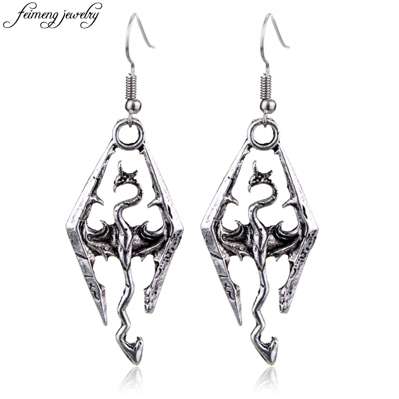 

Dragon Dangle Earrings The Elder Scrolls TES Skyrim Retro Vintage Silver Alloy Drop Earrings for Women Fashion Jewelry Accessory