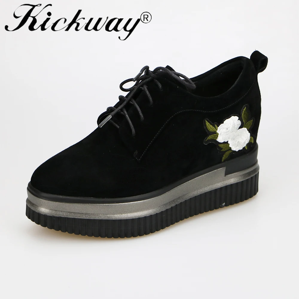 

Kickway women height increasing platform shoes mujer kid suede genuine women shoes round toe lace up party shoes for ladies 42