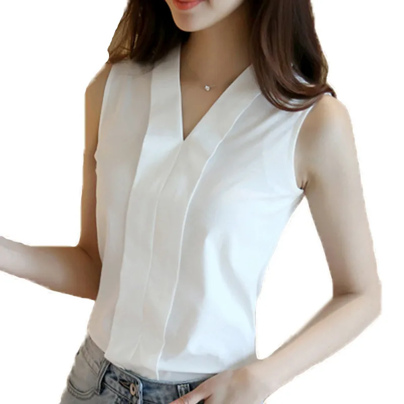 2019 Sexy Summer Blouses V Neck Sleeveless Women Tops Chiffon Shirt