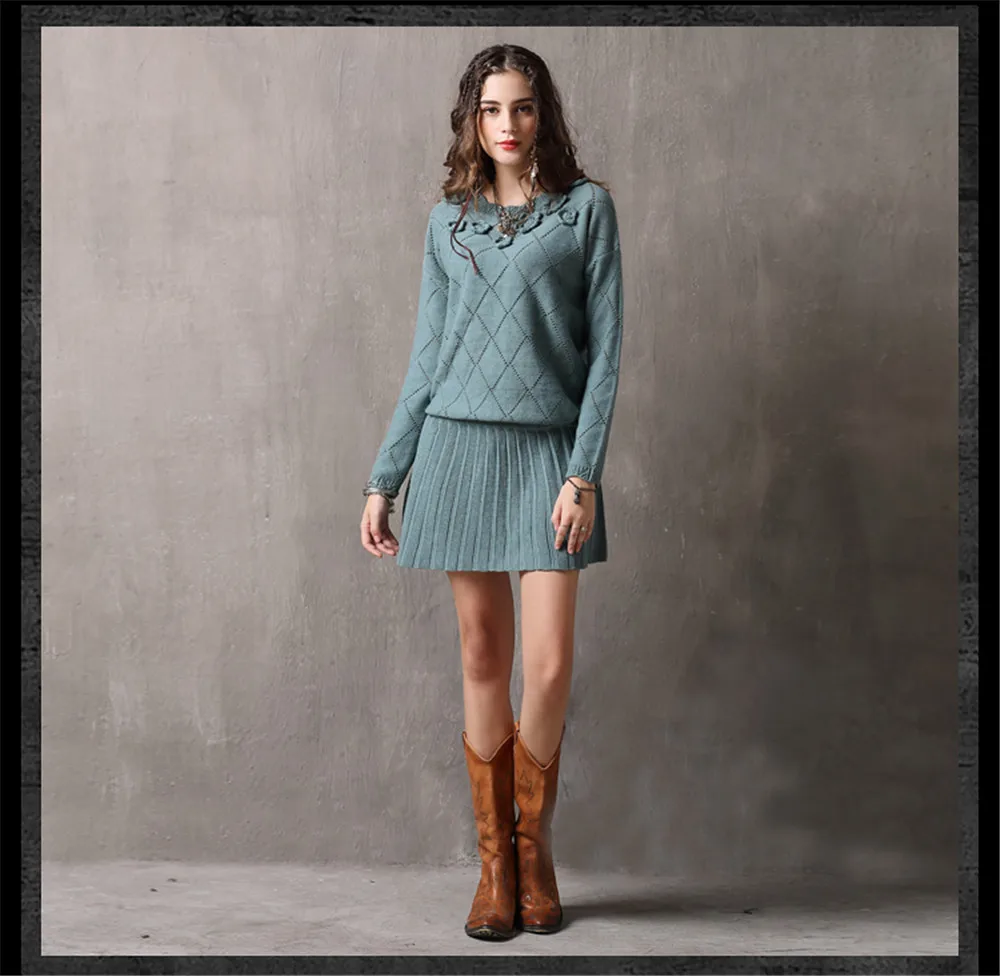 Vintage Winter Sweater Dress 2018 Cotton Wool Floral Knitting Dresses Female O-Neck Long Sleeve Pleated Sweater Dress Vestidos (9)