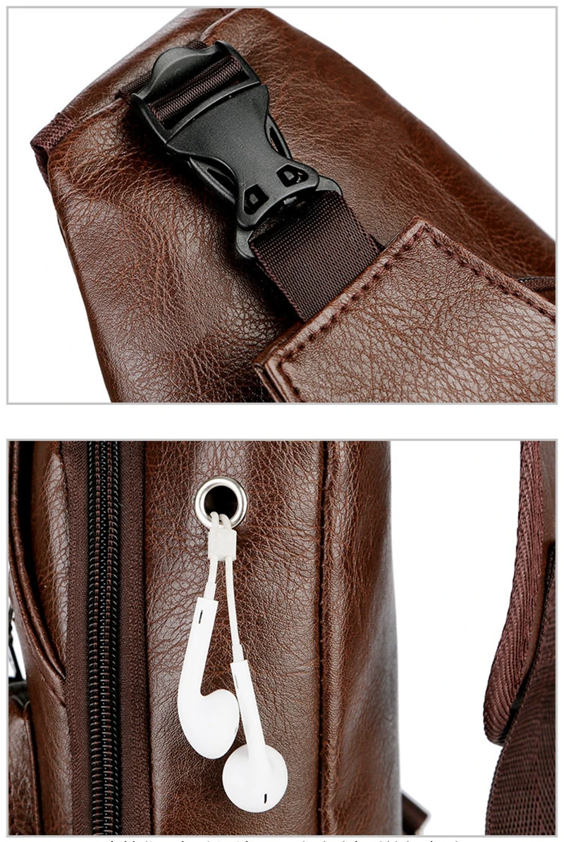 ANOVISHANA Buckle Anti-theft Men's Chest Bag PU Leather Man Messenger External USB Charging Headphone Hole Travel Shoulder Bag