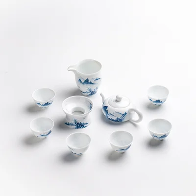 Hand-painted Landscape Tea Set High-grade White Porcelain Kung Fu Teacup Home Jingdezhen Blue and white porcelain Gift Tea set - Цвет: 01 set