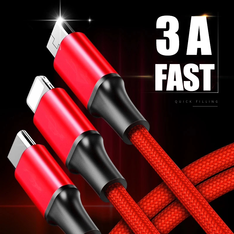 

3in1 2in1 USB Cable for iPhone X 8 7 6 Cable Micro USB Type C Cable for Samsung S9 S8 Fast Charging Cable 3A Charger Cord