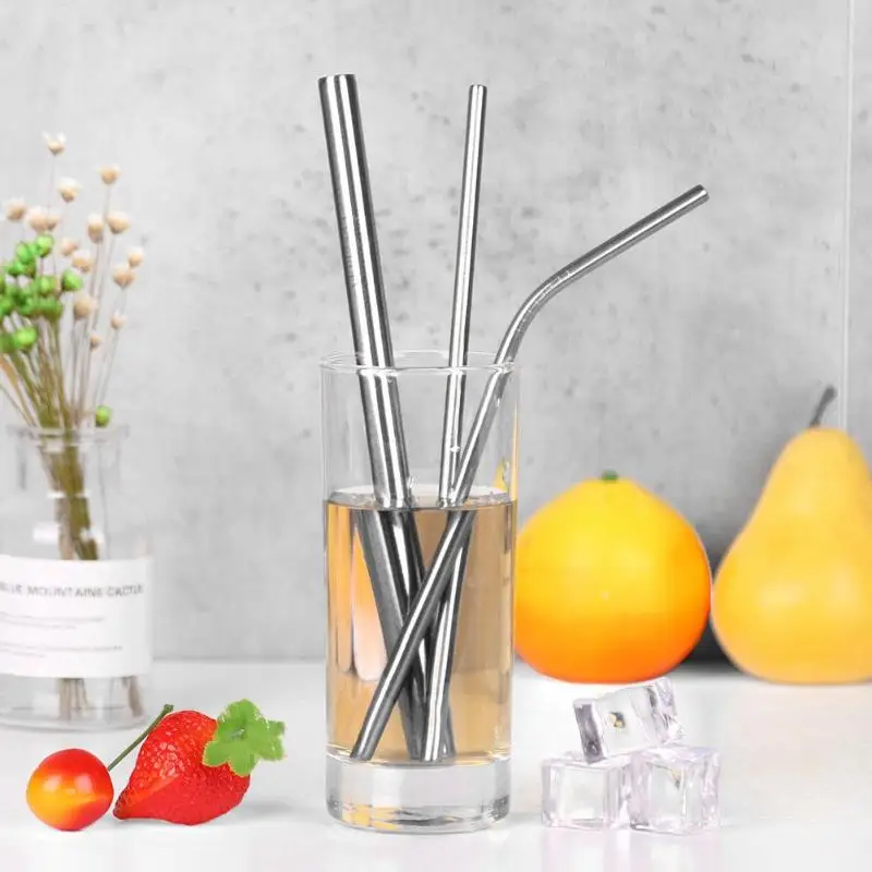 Durable Stainless Steel Bend Straight Straw Metal Drinking Straws W/cleaning Brush Stirring Rod Drinking Equiment