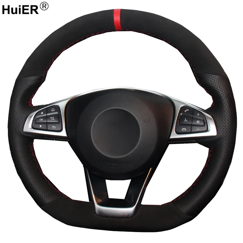 Black Suede Genuine Leather Volant Car Steering Wheel Cover For