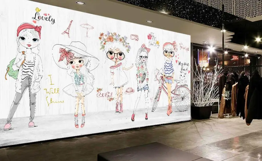 Beibehang пользовательские 3D обои рисованная мультфильм девушка мода шоу магазин одежды стены фон обои росписи папье peint
