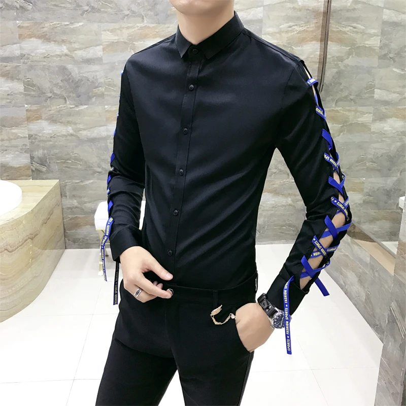 Для мужчин полые Длинные рукава рубашки Для мужчин Slim Fit лямки черный, белый цвет нарядная рубашка для ночного клуба уличная мода, вечеринки Camisa Masculina