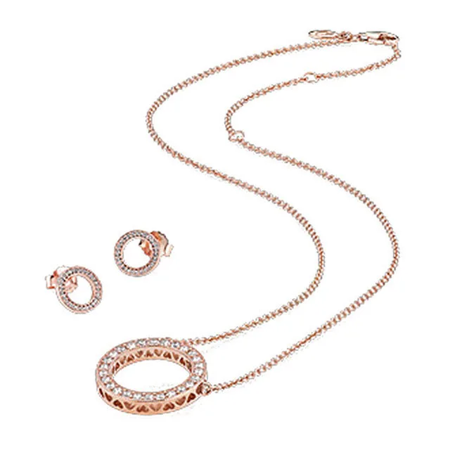 

Sterling Silver Rose Gold Hollow Round Round Earrings Zircon Necklace Of Elegant Ladies Clavicle Chain Collarbone Earrings Set