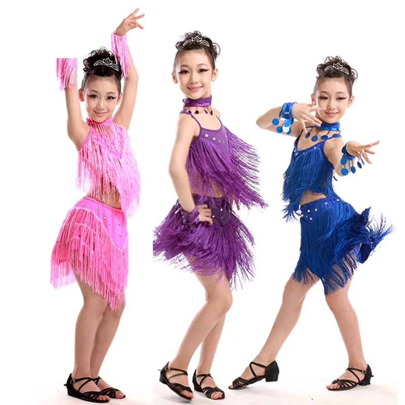 

Child Girls Kids Cheap Sexy Pink Blue Red Sequin Fringe Salsa Dancewear Costume Salsa Dresses latin dance children's sequined