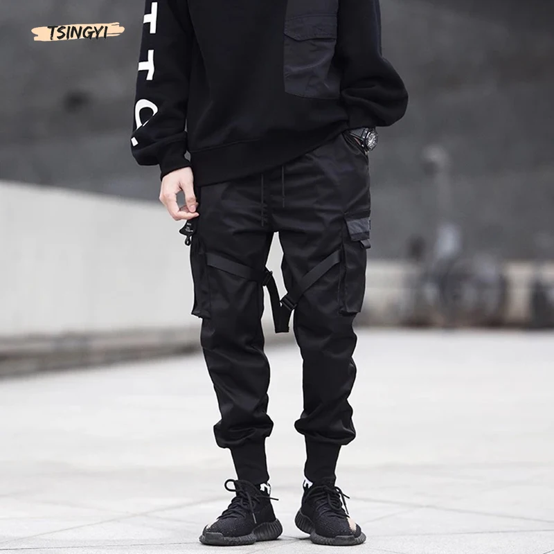 

Tsingyi Vintage Color Block Black Ribbons Multi-pocket Harem Pants Men Summer Streetwear Hip Hop Joggers Harajuku Sweatpant