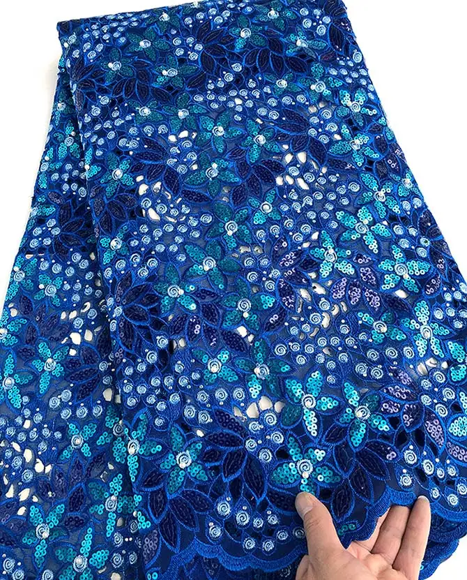 Высший сорт уникальное розовое кружево ручной работы из органзы, африканская швейцарская кружевная ткань с большим количеством бусин, блестящих камней, 5 ярдов - Цвет: blue turquoise