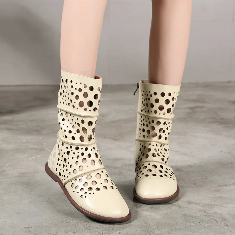 

2019 VALLU Women Shoes Genuine Leather Mid-Calf Boots Lady Fashion Hollow Design Solid Comfortable Shoes