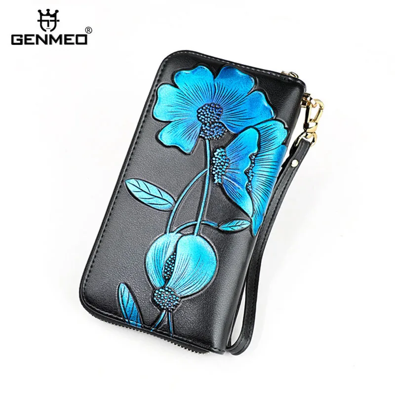 

GENMEO New Genuine Leather Wallet Women Cow Leather 3D Blue Flower Purse with Card Holder Female Clutch Bag Bolsa Feminina